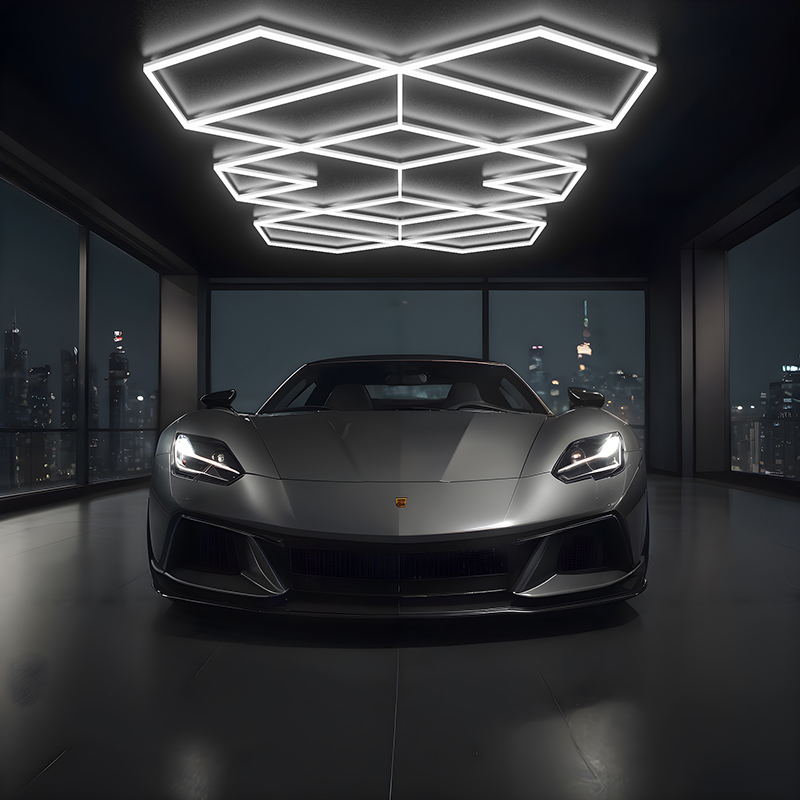 LED geometric ceiling light for car detailing
