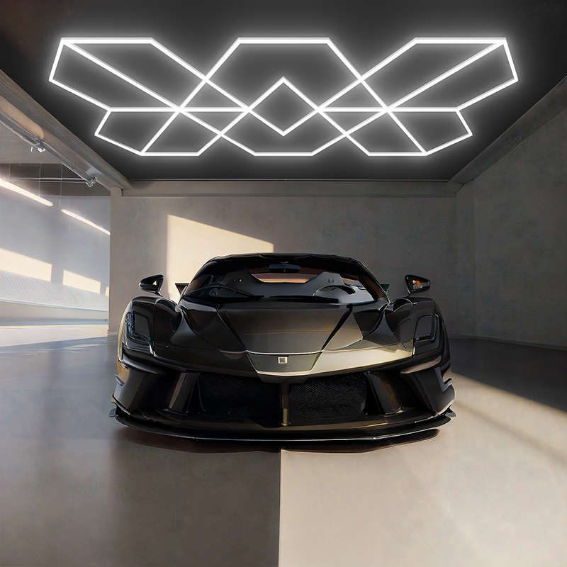geometric LED ceiling light for car detailing