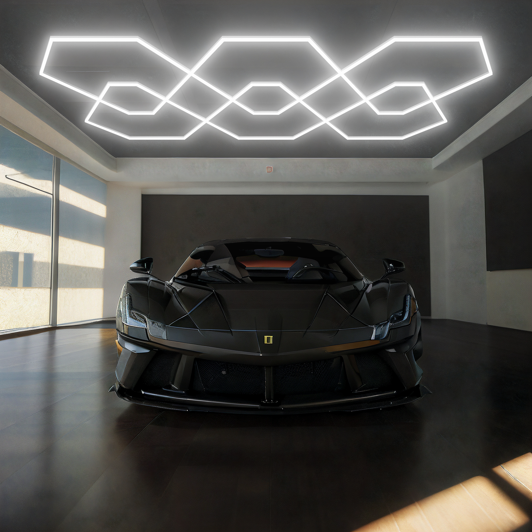 polygonal LED garage ceiling light for car detailing