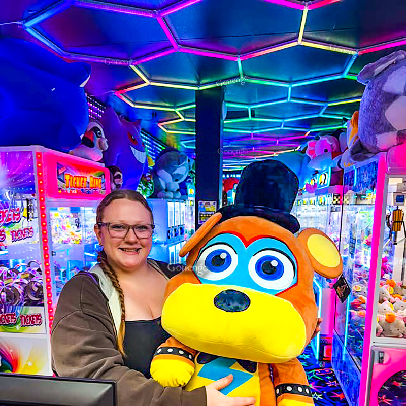 Colorful arcade with plush toys.