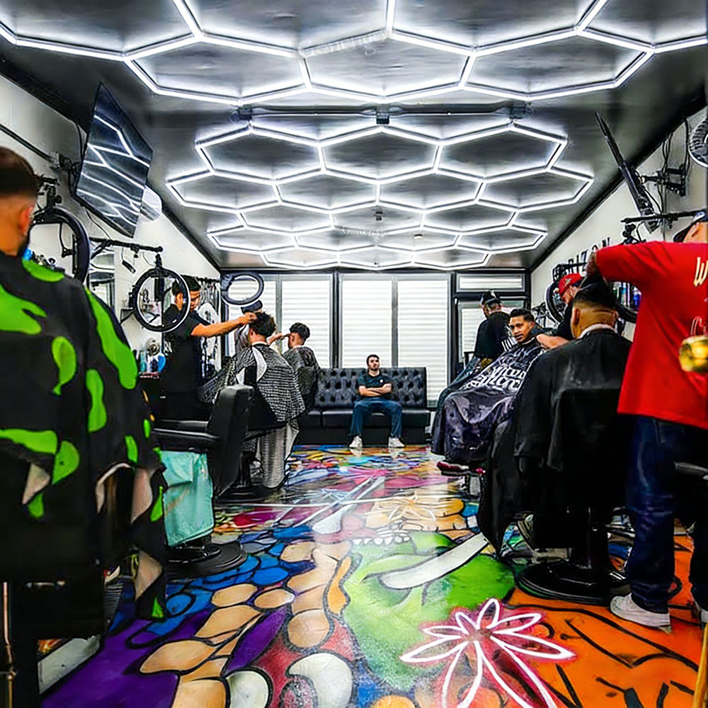 barbershop-ceiling-hexagonal-LED-lights