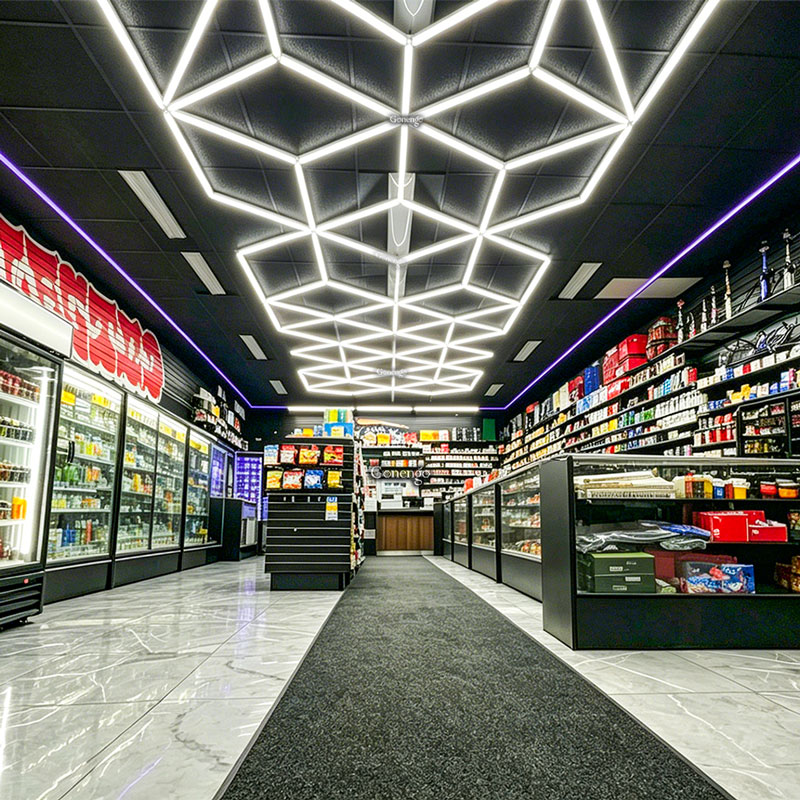 Modern vape shop with geometric lighting.