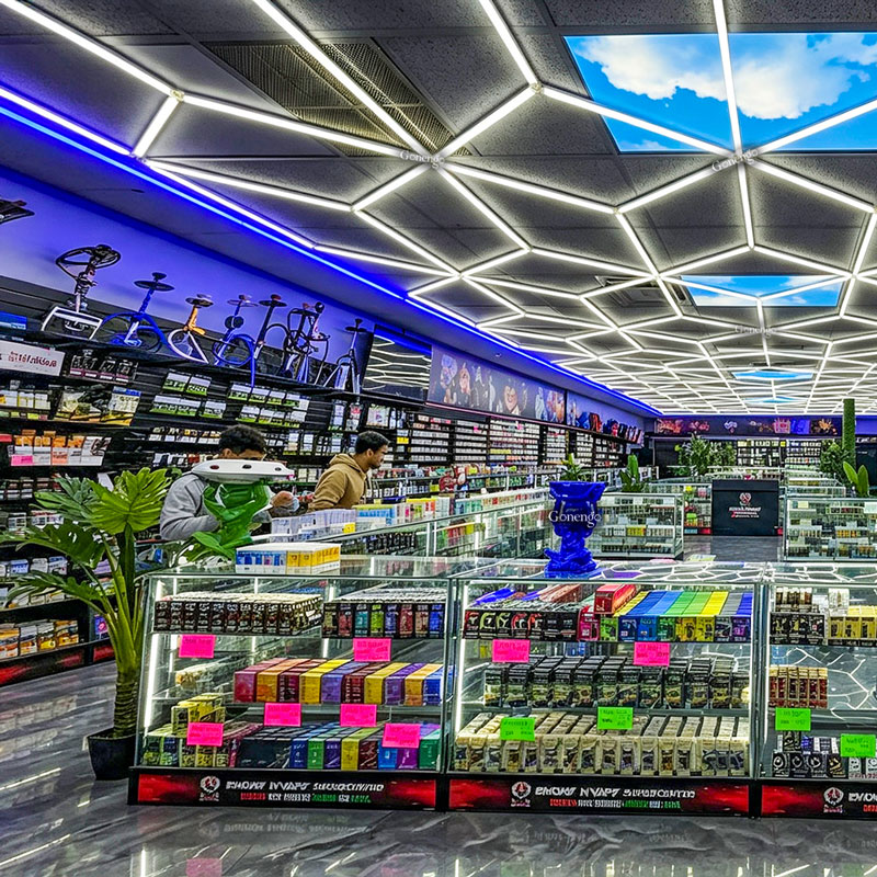 garage-ceiling-geometric-LED-lights-for-smoke-shop-detailing